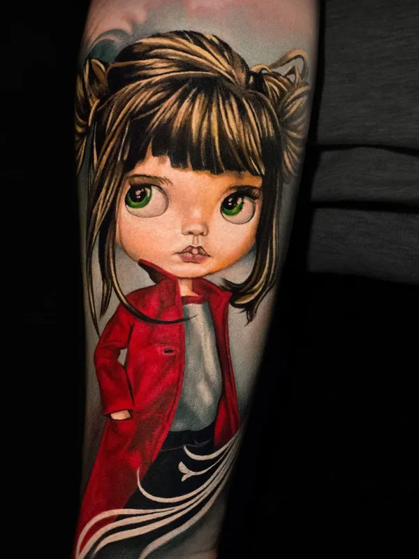 Blythe doll tattoo in a red coat