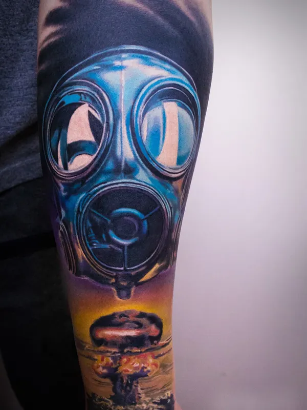 Nuclear explosion tattoo and protective mask