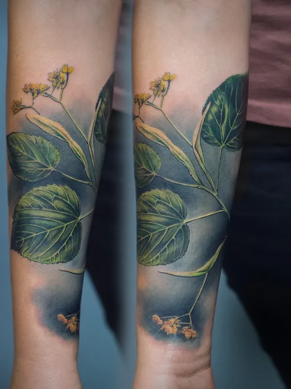Linden tree tattoo on the forearm