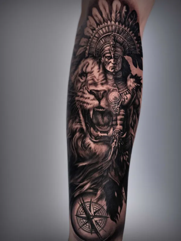 Indian chief tattoo with a lion