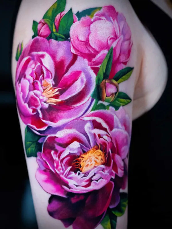 Peony tattoo on the shoulder